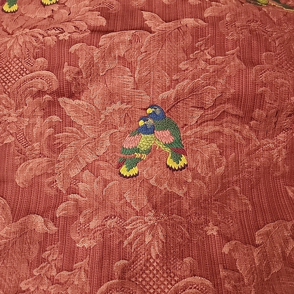 Vintage Embroidered Parrot Accent on Textured Rose Pink Upolstry Fabric
